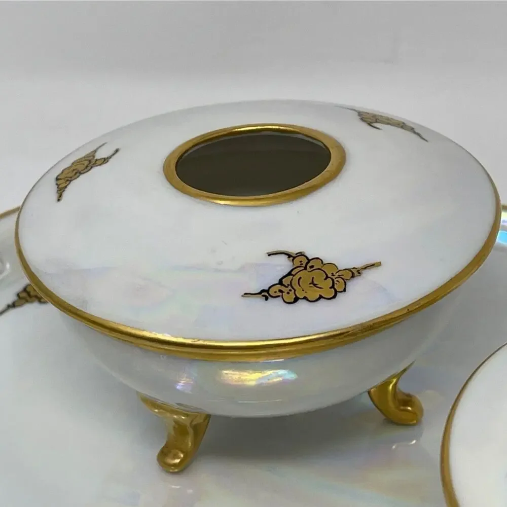 RS Tillowitz Silesia Dresser Set Opalescent Footed Hair Receiver Powder Jar Tray